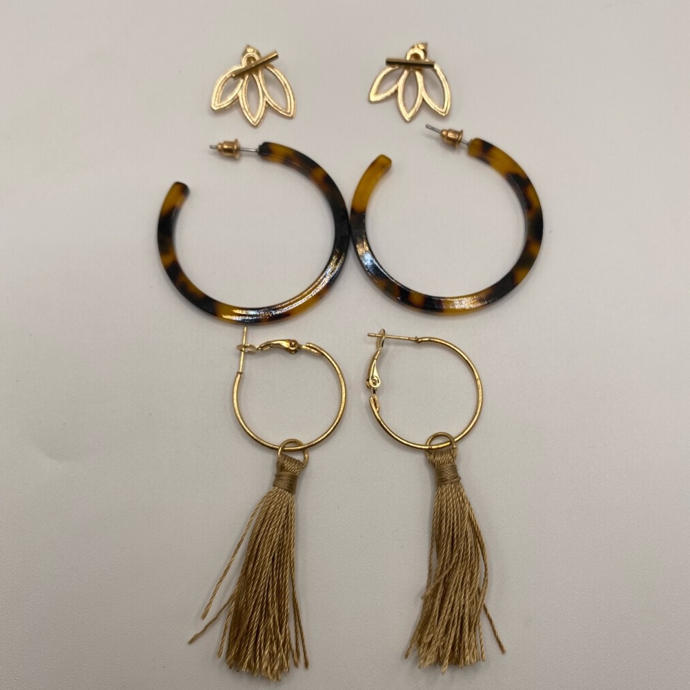 3 Sets Of Earrings. Hoops And Studs. Costume Jewelry.